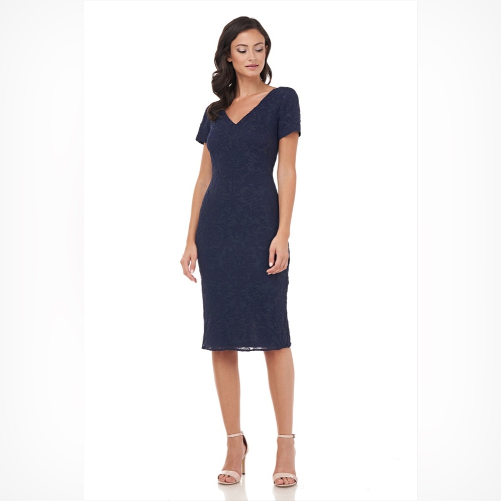 JS COLLECTIONS size 6‎ Erin V-Neck Midi Dress In Navy blue pencil cocktail